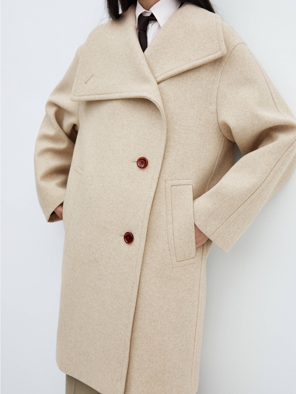 Mango Midi Maxi Lapel Coat Beige Wool Blend Oversized Size XL NWT New